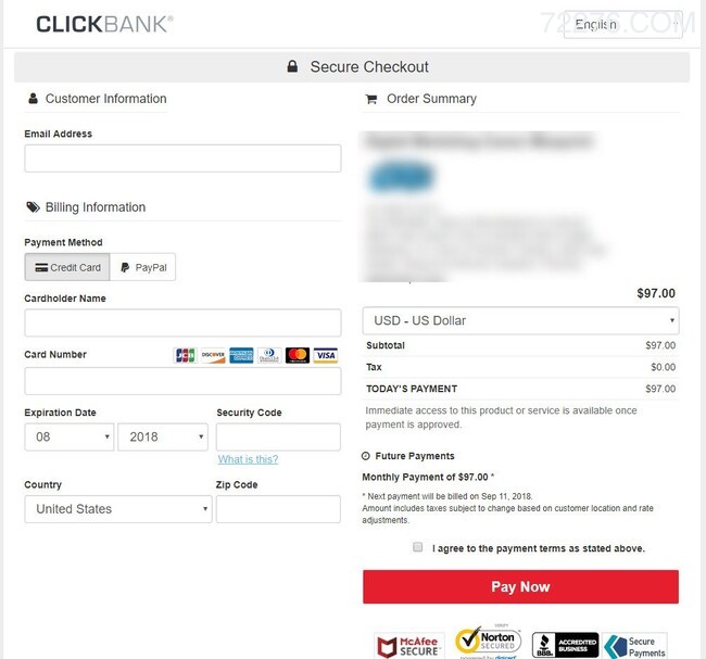 Clickbank结帐页面