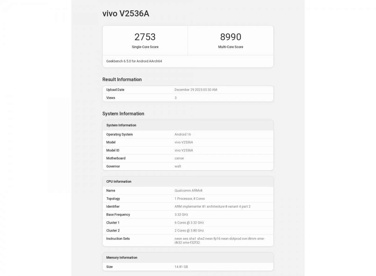 iQOO Z11 TurboがGeekbenchでチップセットとメモリ容量を明らかに