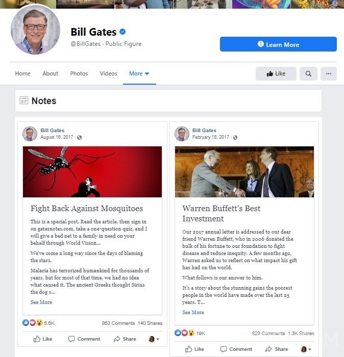 比尔盖茨在 Facebook 上的两篇博文示例