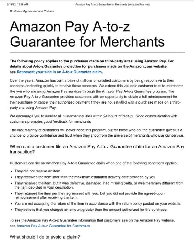商家图像预览的 Amazon Pay A-to-z 保证。