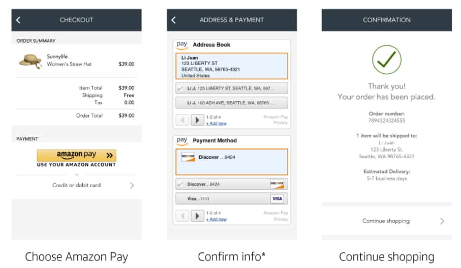 Amazon Pay 移动结账示例。